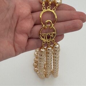 Kenneth Jay Lane Vintage Triple Strand Pearl Necklace with Gold Logo Clasp